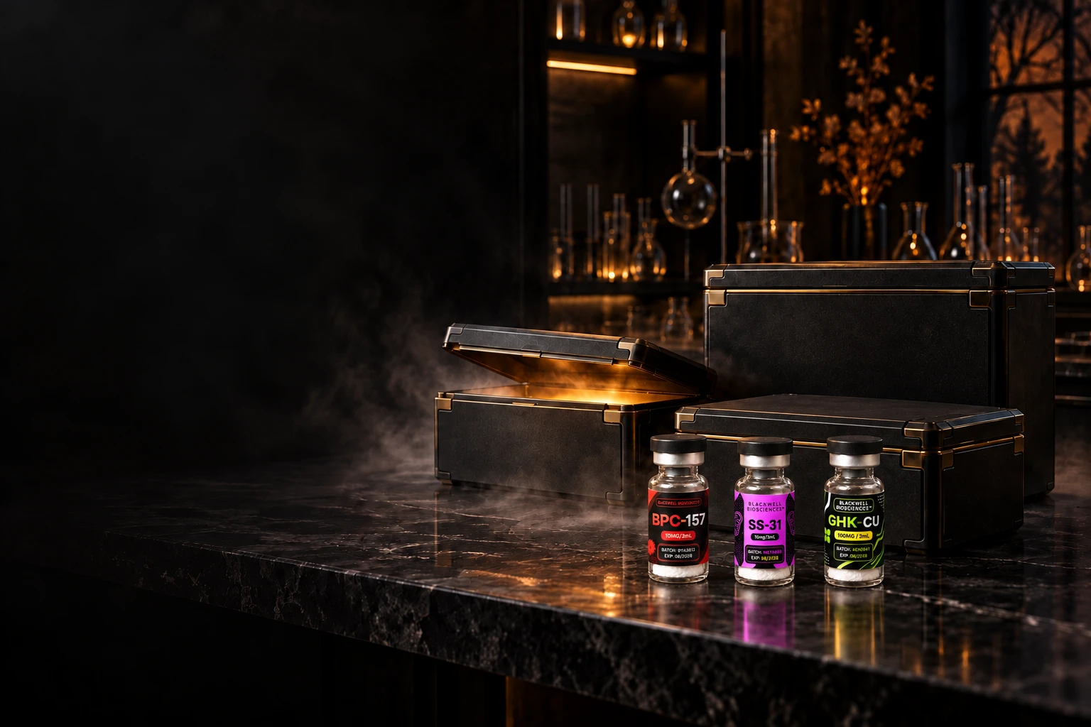 Blackwell research vials beside dark laboratory transport cases